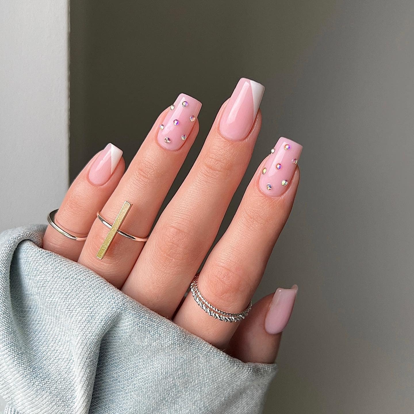 18. Soft Pink Sparkle French with Diamond Dots - simple diamond nail ideas