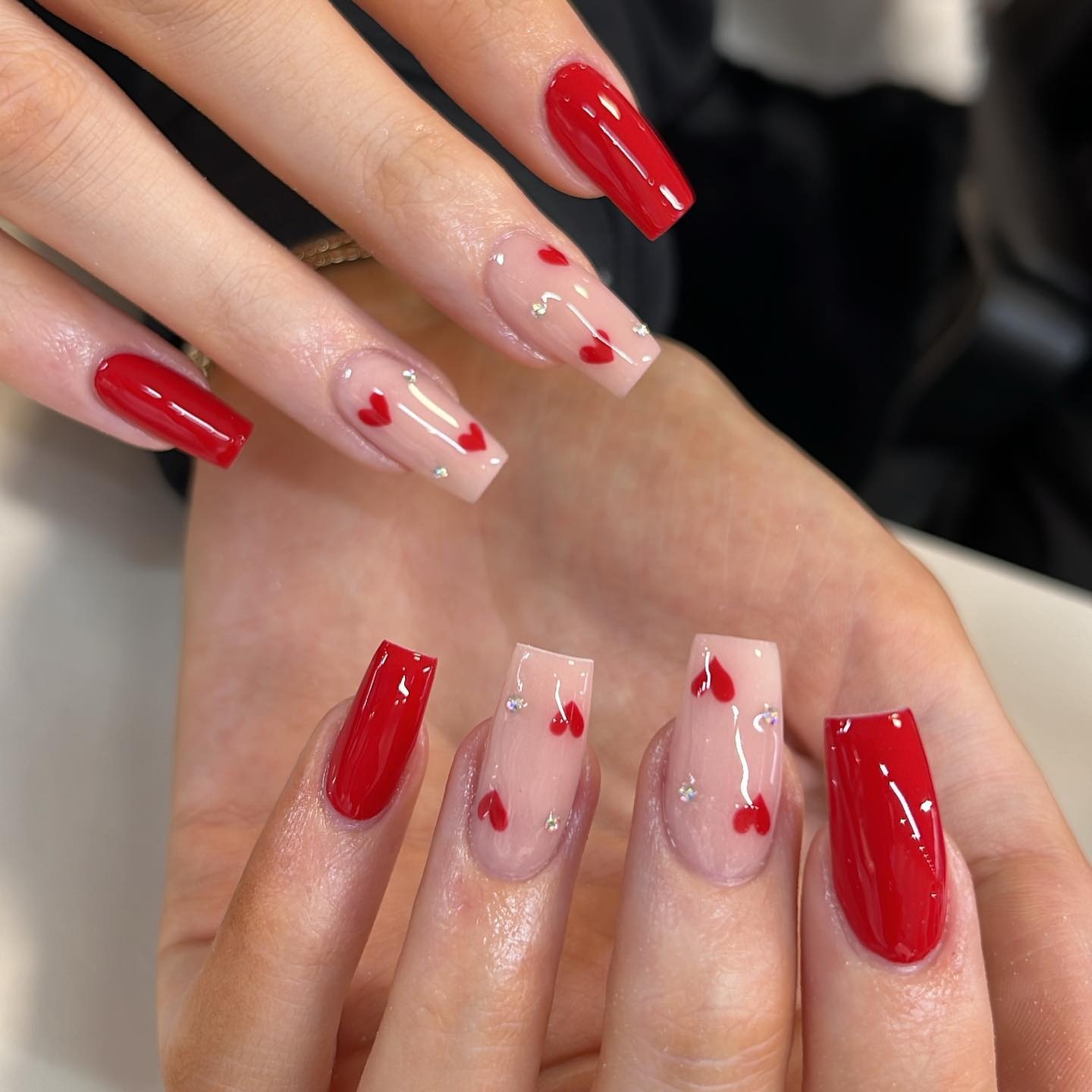 19. Ruby Heart French Nails with Crystal Touches - simple diamond nail ideas