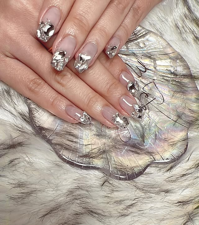 22. Chunky Silver Diamond French Tips - simple diamond nail ideas