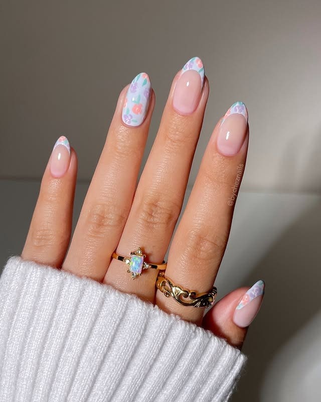 1. Pastel Petal French Tips - simple floral nail ideas