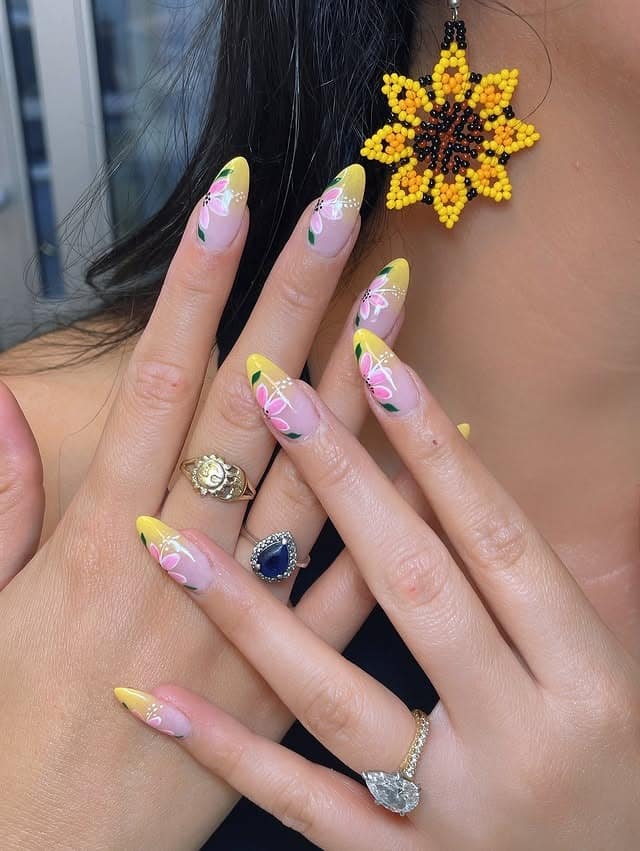 7. Sunshine Floral French - simple floral nail ideas