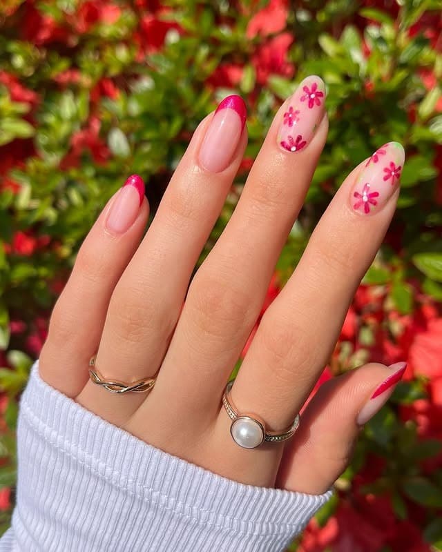 13. Pink Blossom French Tips - simple floral nail ideas