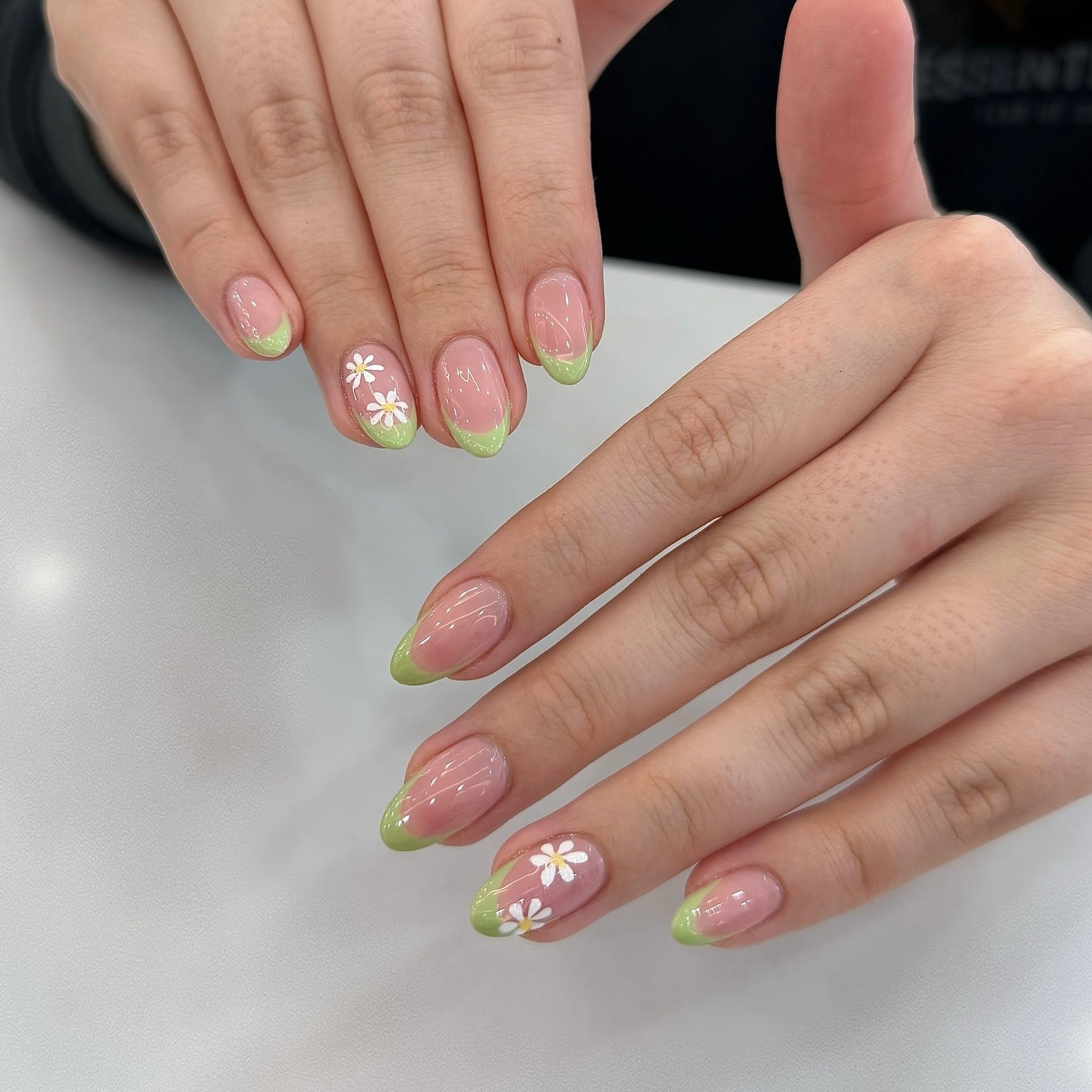 16. Mint Daisy French Nails - simple floral nail ideas