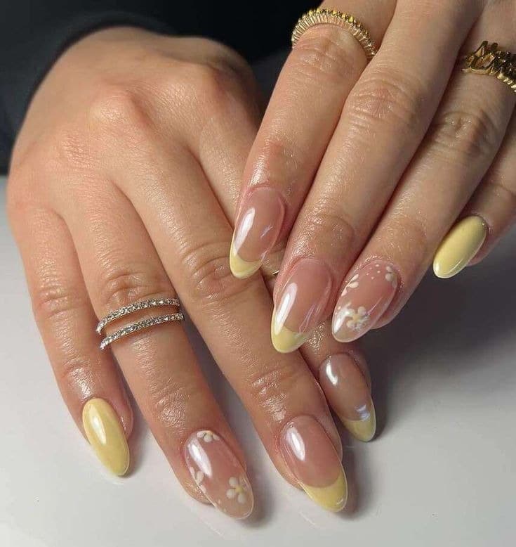 18. Soft Yellow French Petals - simple floral nail ideas