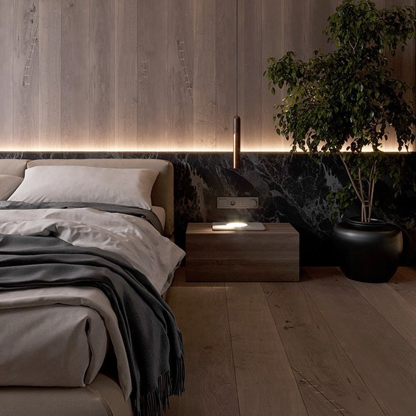 3. Warm Modern Gray with Ambient Wood Tones - grayscale bedroom ideas