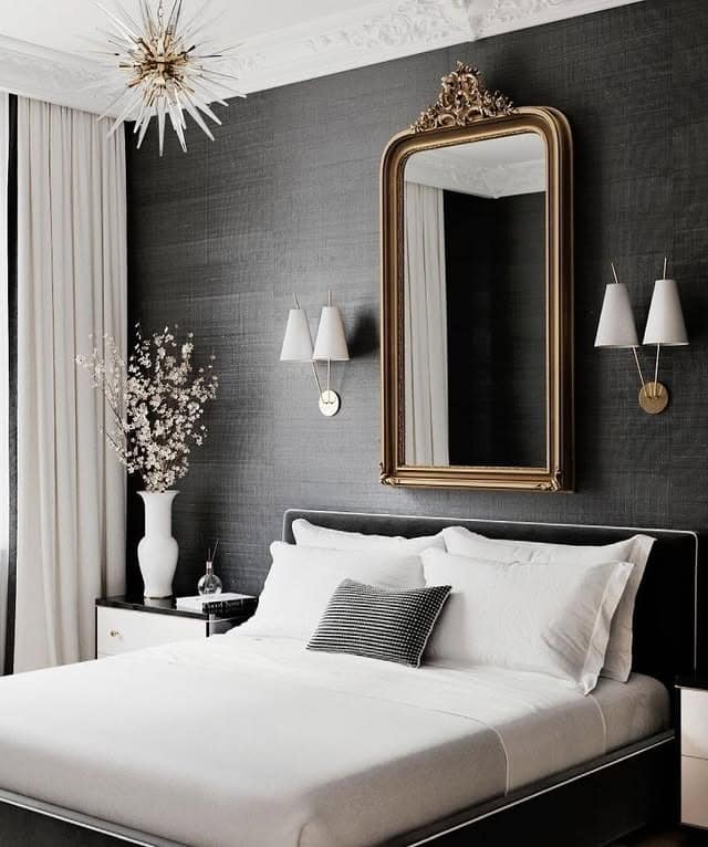 11. Classic Charcoal Glamour with Gold Accents - grayscale bedroom ideas