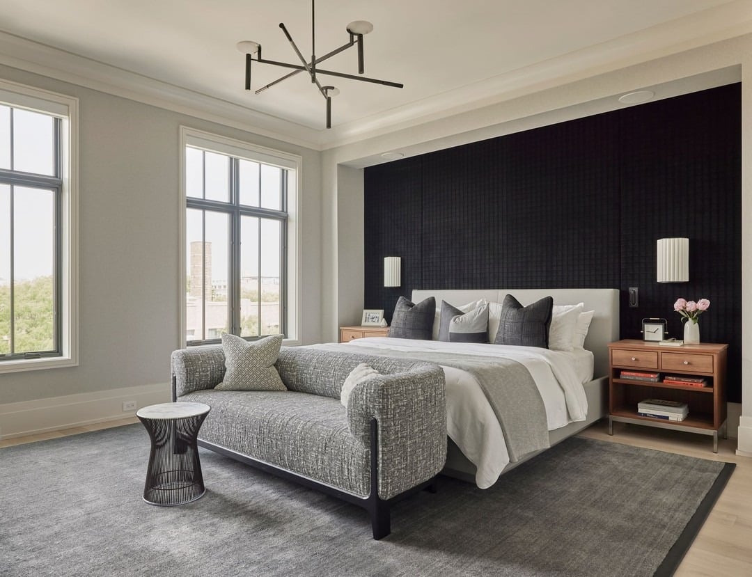 12. Soft Gray Balance with a Deep Graphite Feature Wall - grayscale bedroom ideas