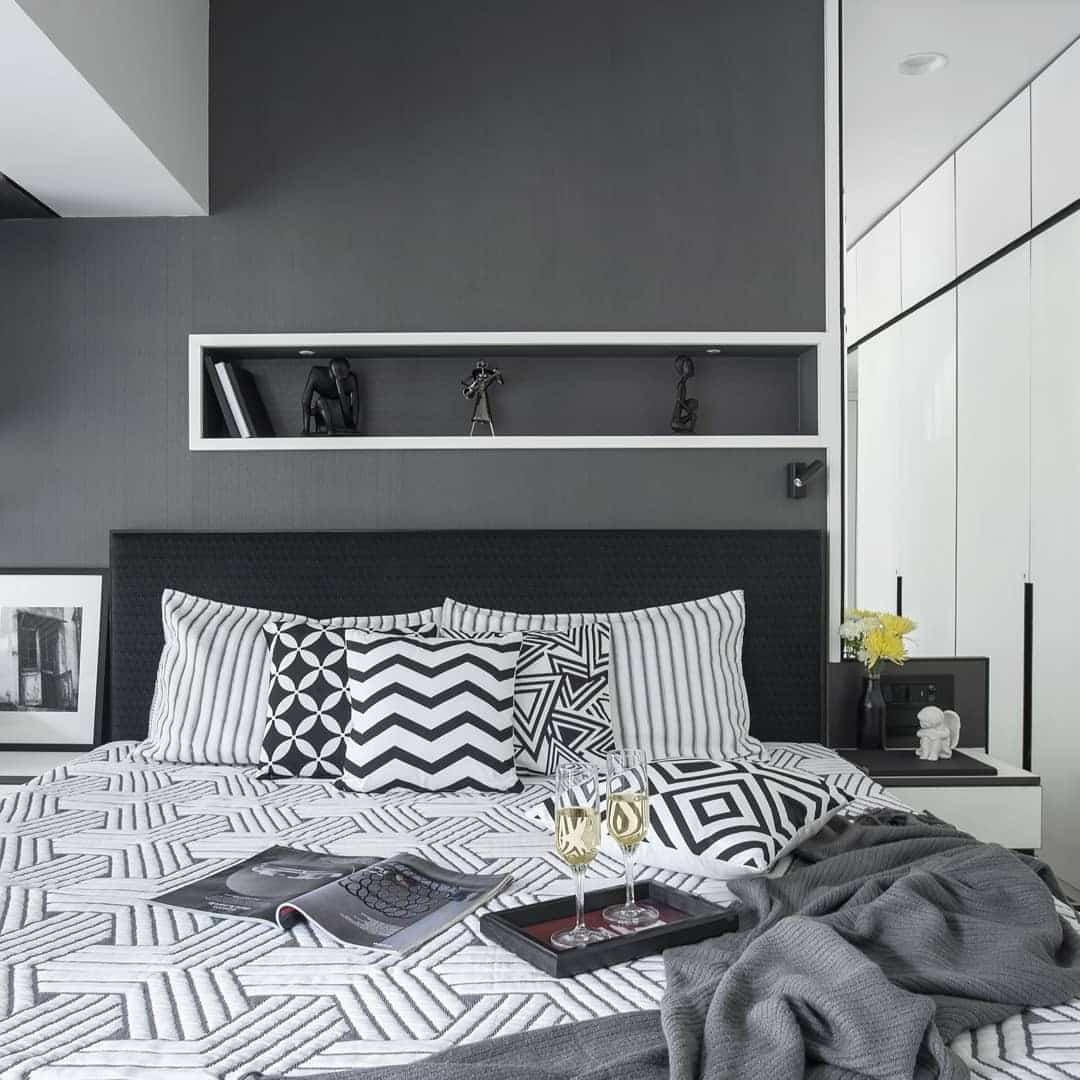 15. Monochrome Patterns in Black, White, and Steel Gray - grayscale bedroom ideas