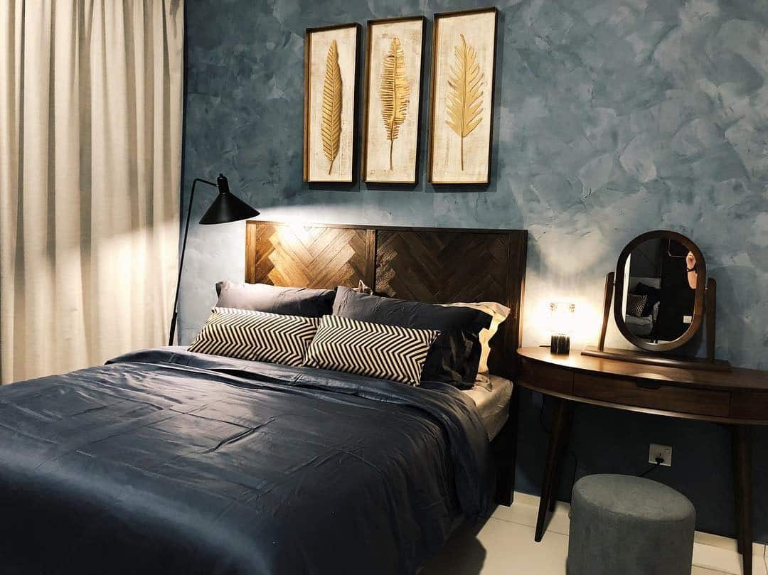 17. Smoky Blue-Gray Walls with Walnut Accents - grayscale bedroom ideas