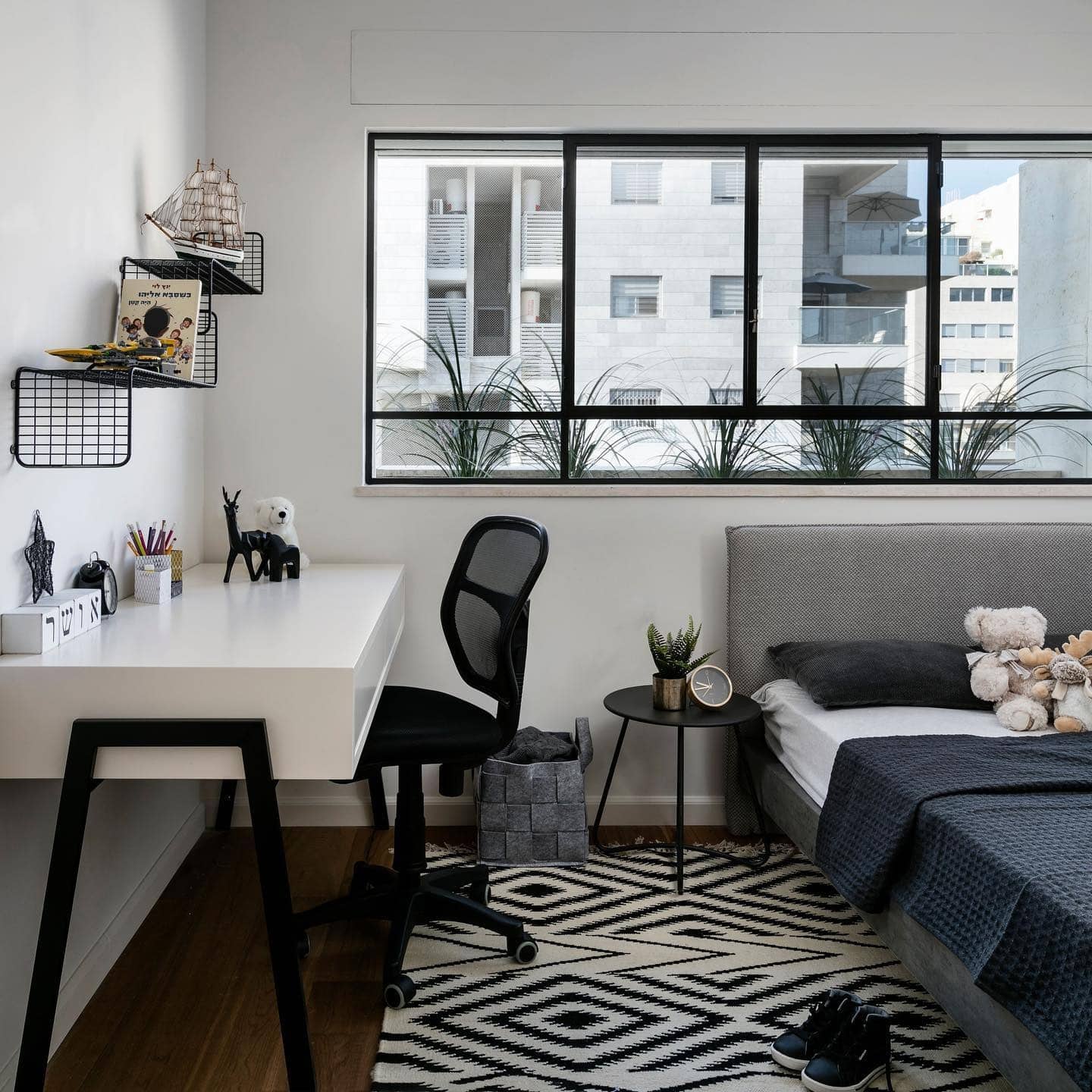 1. Minimalist Study-Bedroom with Clean Black Accents - gray, black and white bedroom ideas