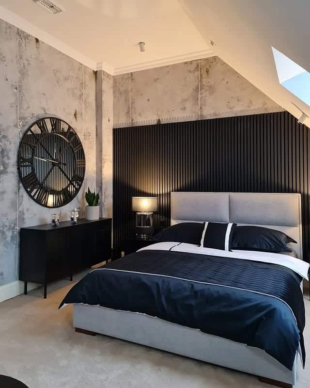 2. Modern Industrial Bedroom with Deep Charcoal Contrast - gray, black and white bedroom ideas