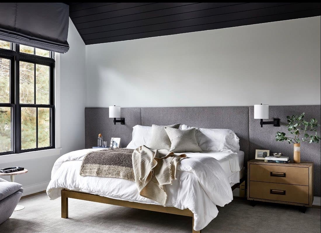 3. Soft Gray Retreat with Black Architectural Lines - gray, black and white bedroom ideas