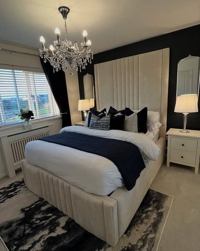 5. Luxury Black-and-Ivory Bedroom with Statement Height - gray, black and white bedroom ideas