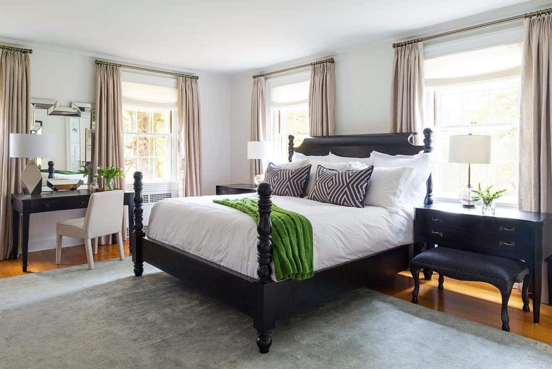 6. Classic Bedroom with Black Furnishings and Fresh Green Accent - gray, black and white bedroom ideas