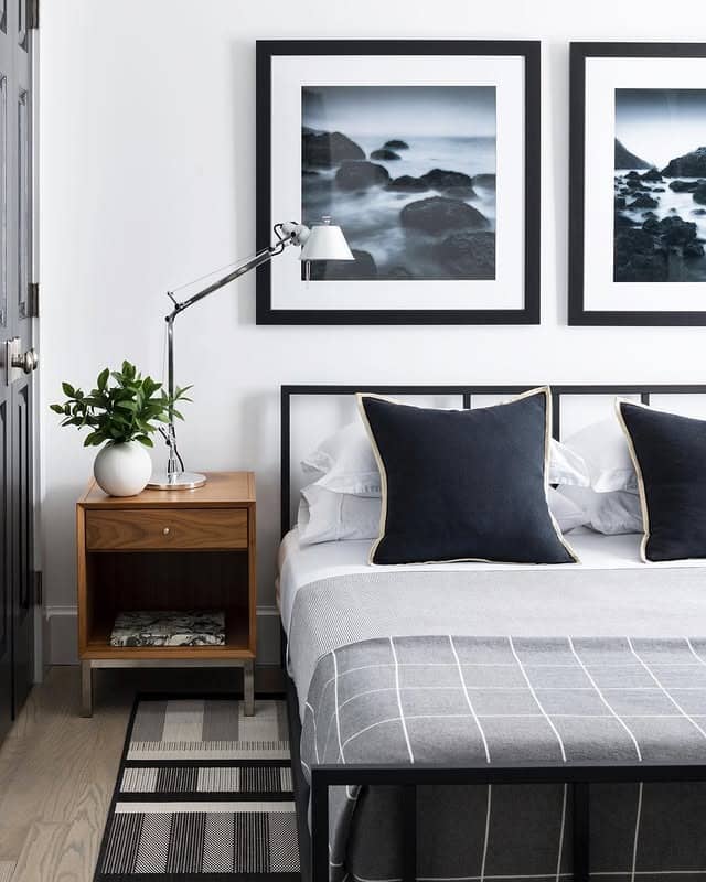 7. Contemporary Gray Bedroom with Framed Monochrome Artwork - gray, black and white bedroom ideas