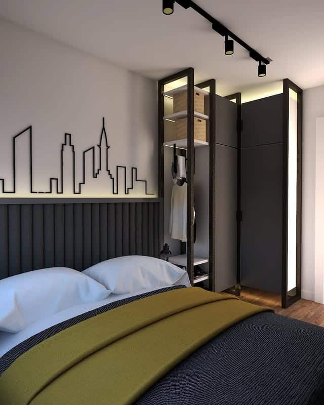 8. Urban-Inspired Bedroom with Black Skylines and Charcoal Panels - gray, black and white bedroom ideas