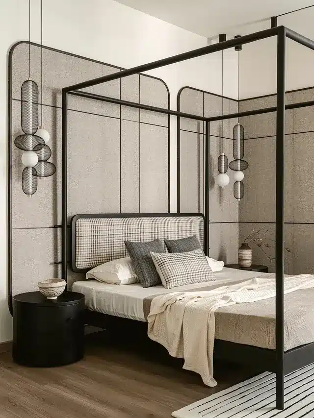 9. Tailored Four-Poster Bedroom in Soft Gray Textures - gray, black and white bedroom ideas