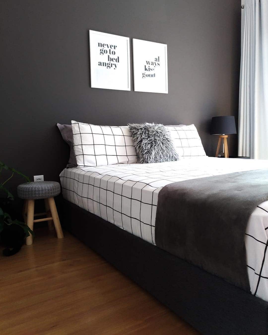 10. Monochrome Grid Bedroom with Smooth Charcoal Walls - gray, black and white bedroom ideas