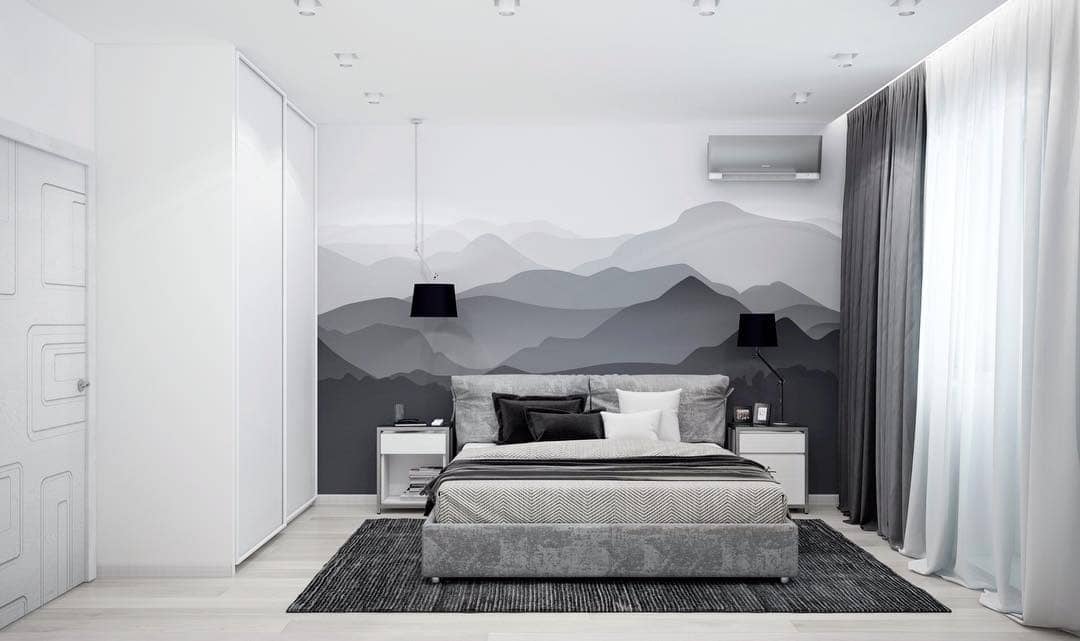 11. Layered Gray Mountain Mural Bedroom - gray, black and white bedroom ideas