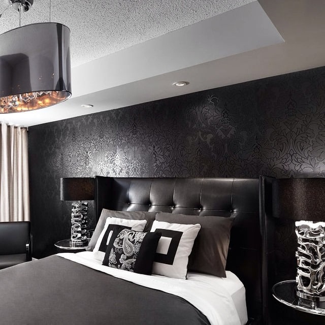 12. Moody Black Damask Room with Gloss Accents - gray, black and white bedroom ideas