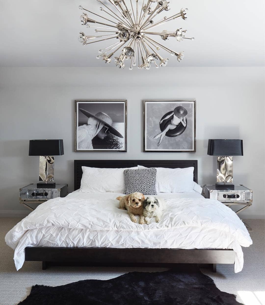 19. Modern Black-Trim Bedroom with Chrome and Photography - gray, black and white bedroom ideas