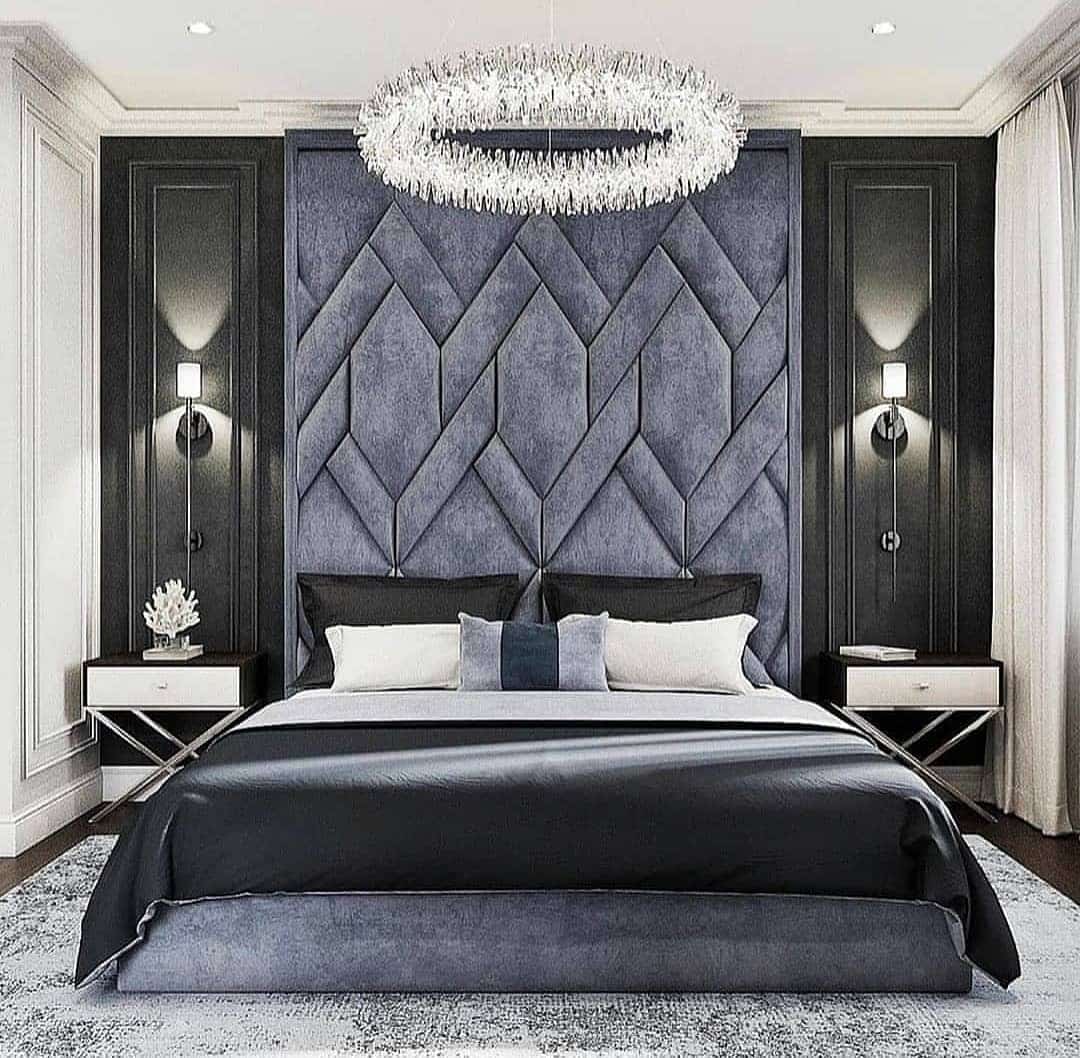 20. Grand Charcoal and Steel-Blue Feature Wall Bedroom - gray, black and white bedroom ideas