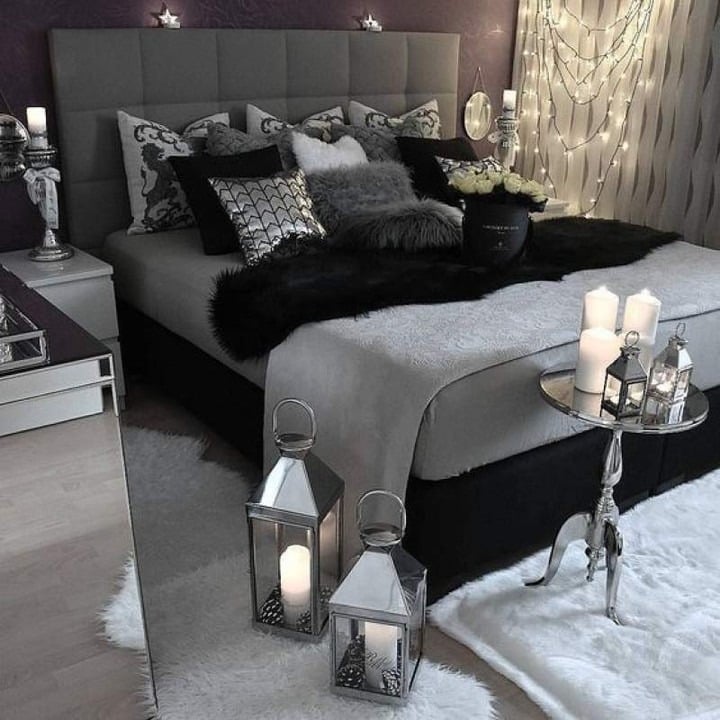 21. Glam Gray Bedroom with Soft Lighting and Metallic Accents - gray, black and white bedroom ideas