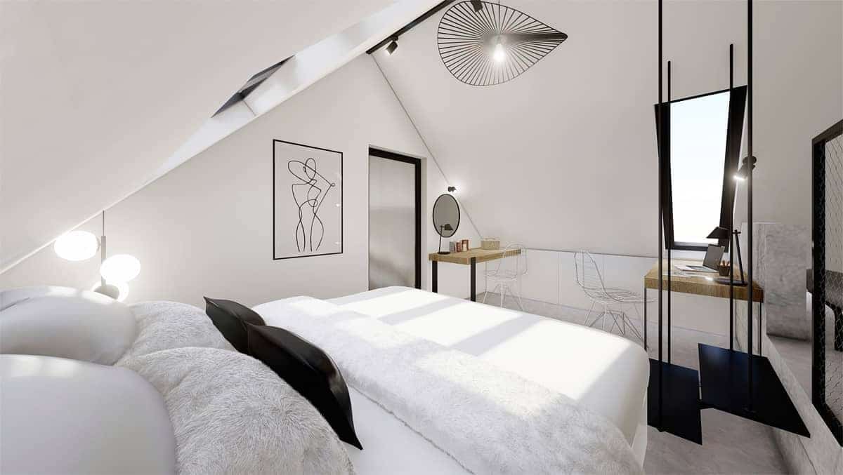22. Minimal Attic Bedroom in Crisp White and Black - gray, black and white bedroom ideas
