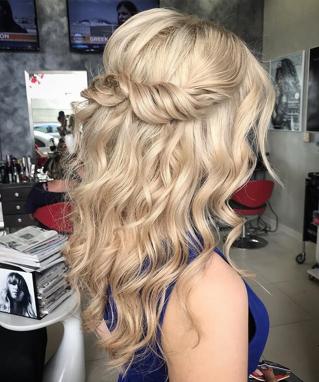 5. Golden Sandy Blonde Half-Up Twist with Waves - Sandy Blonde Hair Color