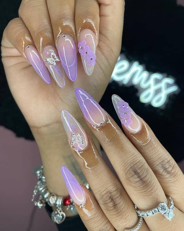 1. Lavender Outline Almond Nails with 3D Florals & Charms - spring almond nail ideas