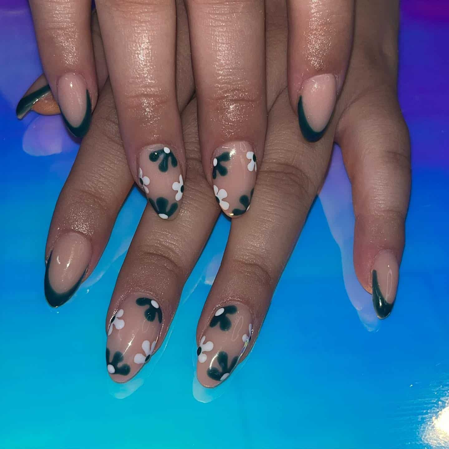 4. Deep Green Petal French Almond Nails - spring almond nail ideas