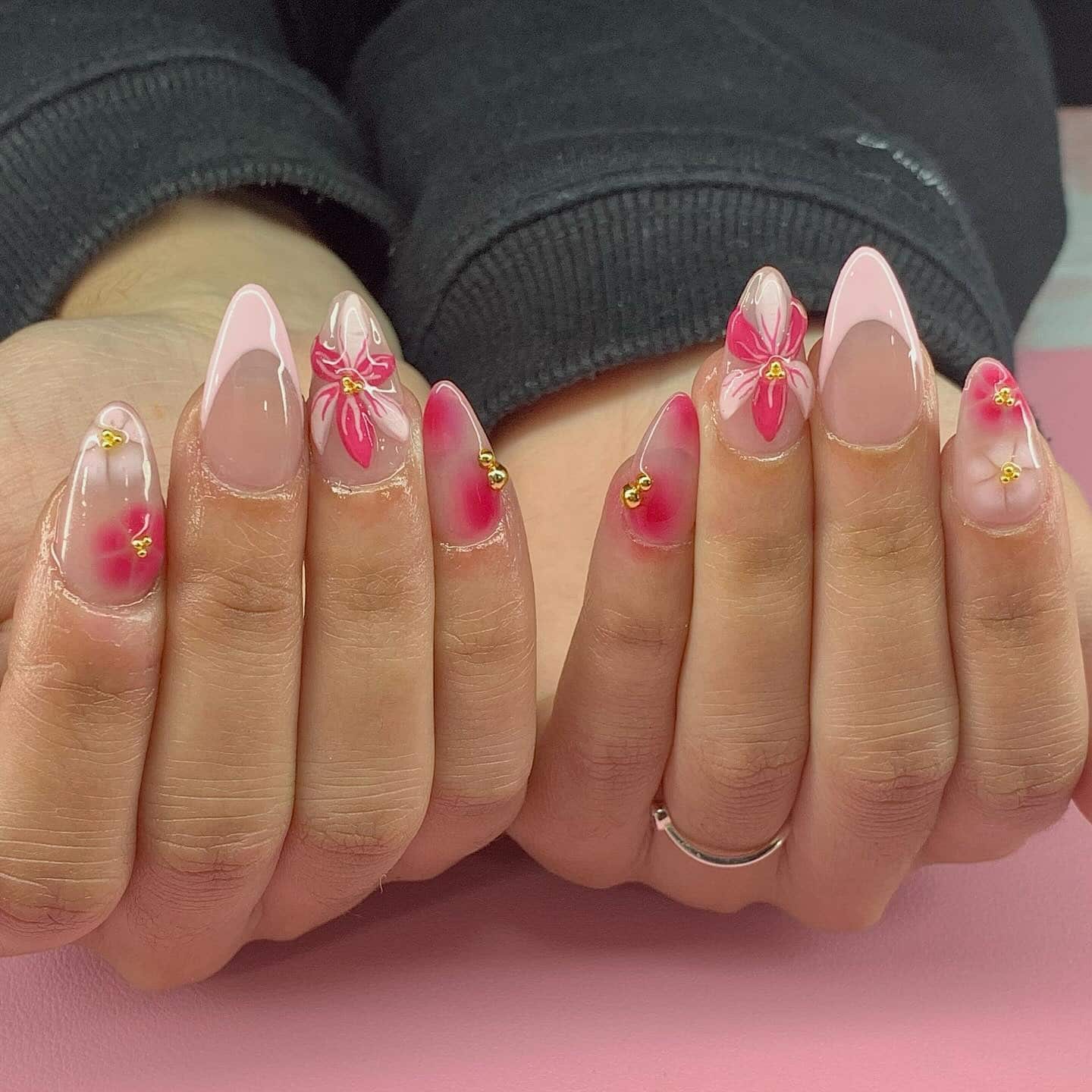 5. Pink Bloom Gradient Almond Nails - spring almond nail ideas