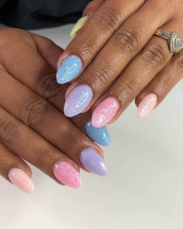 8. Rainbow Pastel Glitter Almond Nails - spring almond nail ideas