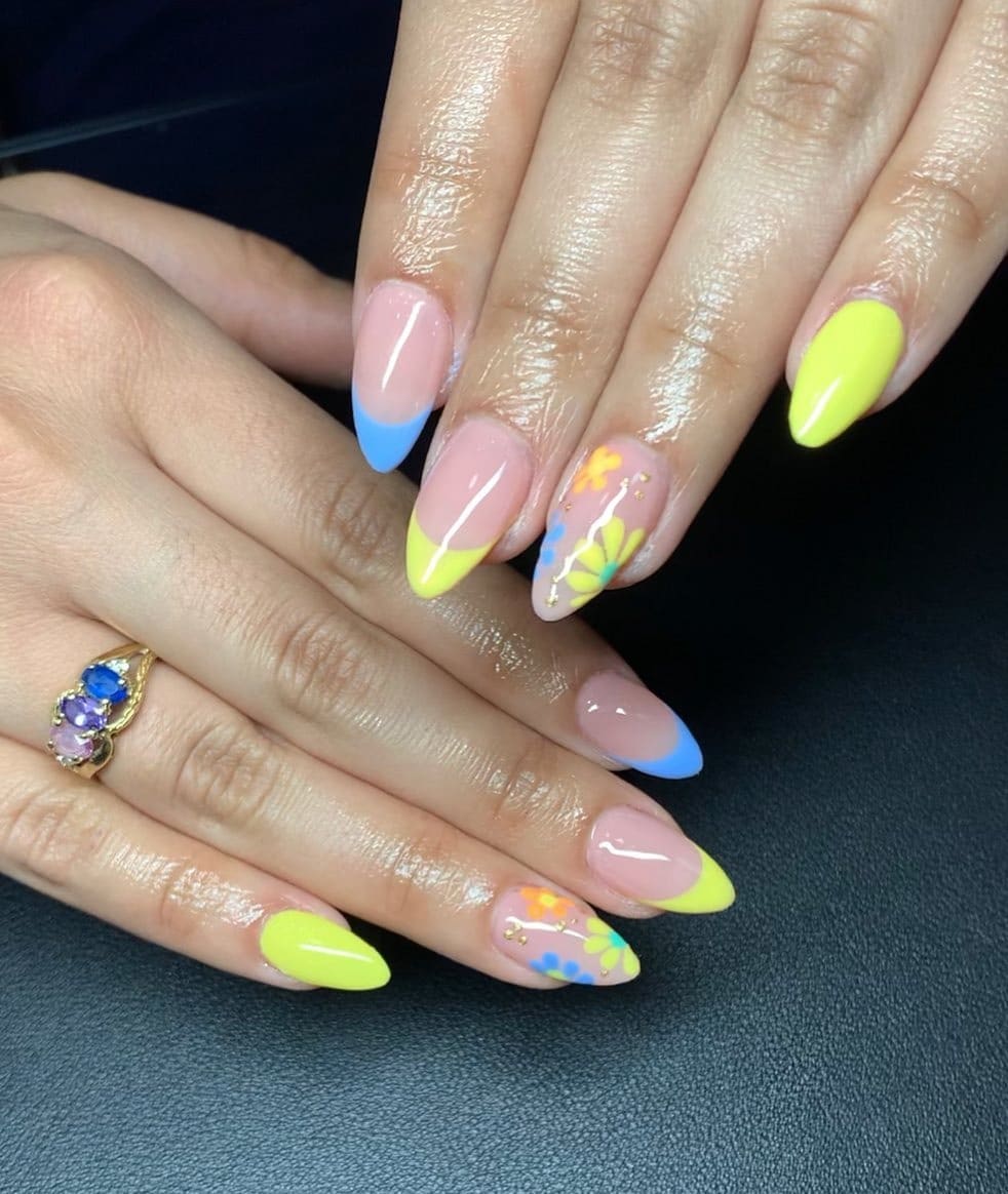 10. Yellow & Blue Spring French Almond Nails with Floral Art - spring almond nail ideas