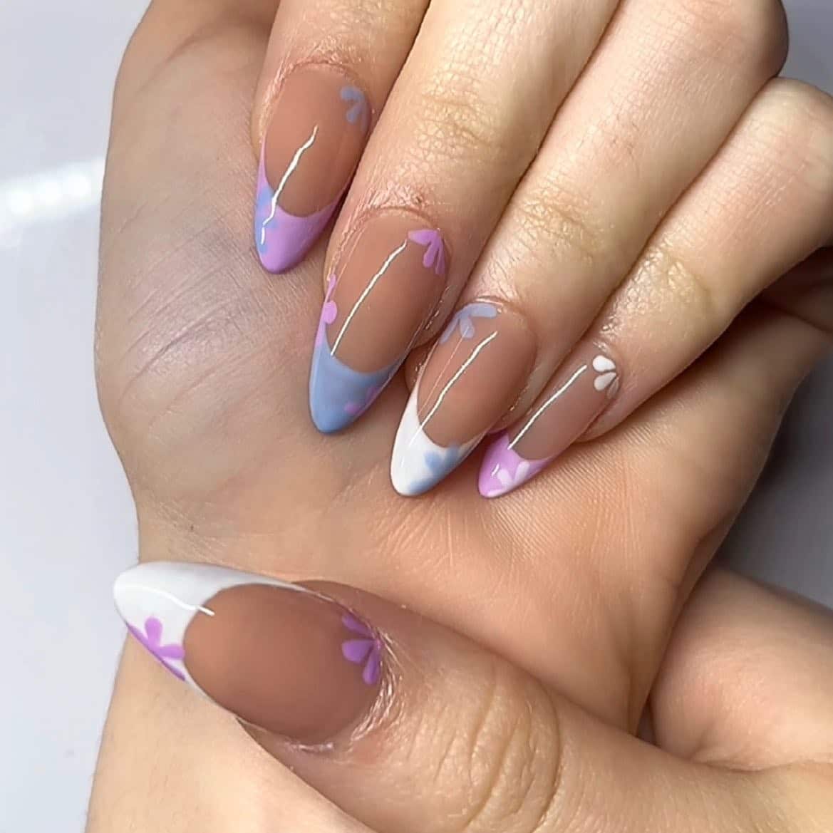 14. Pastel French Almond Nails with Petal Tips - spring almond nail ideas