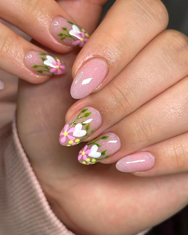 15. Soft Pink Almond Nails with Garden Heart Florals - spring almond nail ideas