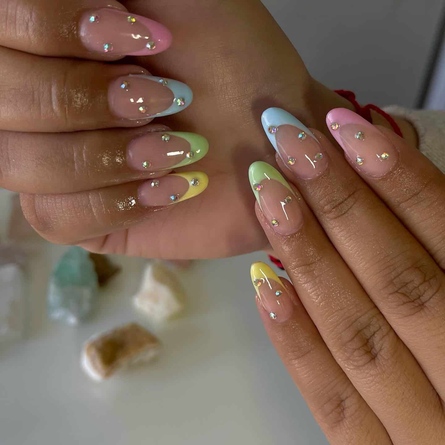 16. Pastel Almond French Nails with Crystal Dewdrops - spring almond nail ideas