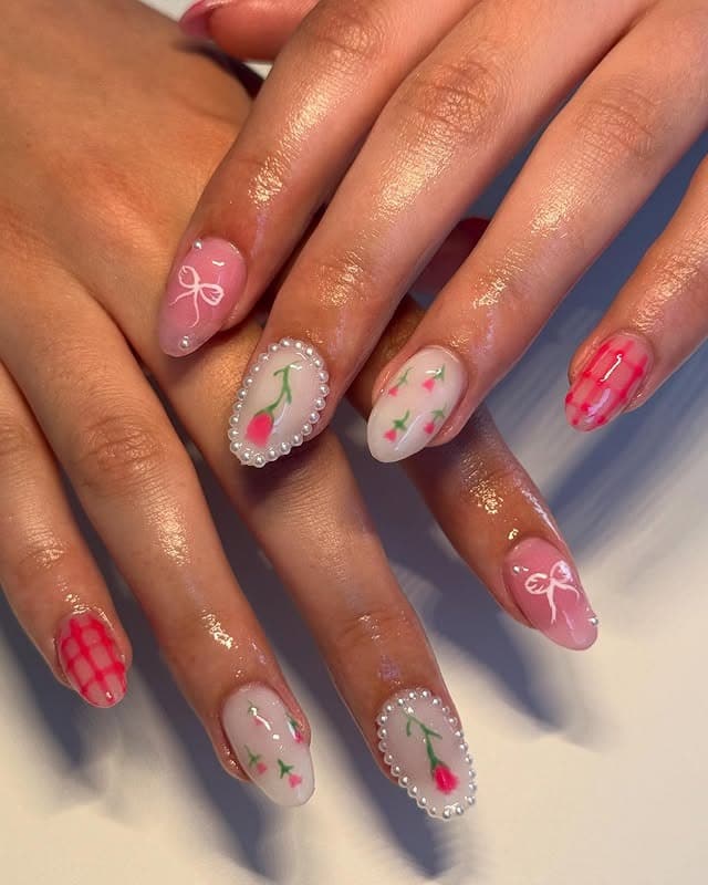 17. Tulip Pearl Almond Nails with Spring Illustrations - spring almond nail ideas
