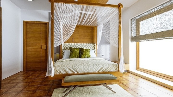 4. Wood-Framed Canopy Bedroom With Airy Textures - apartment bedroom ideas