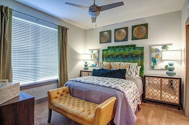 6. Eclectic Green-Inspired Bedroom With Mirror Details - apartment bedroom ideas