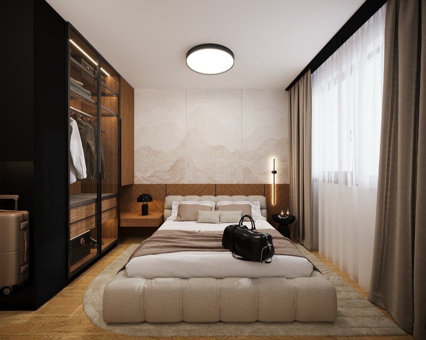 12. Warm Wood and Taupe Contemporary Bedroom - apartment bedroom ideas