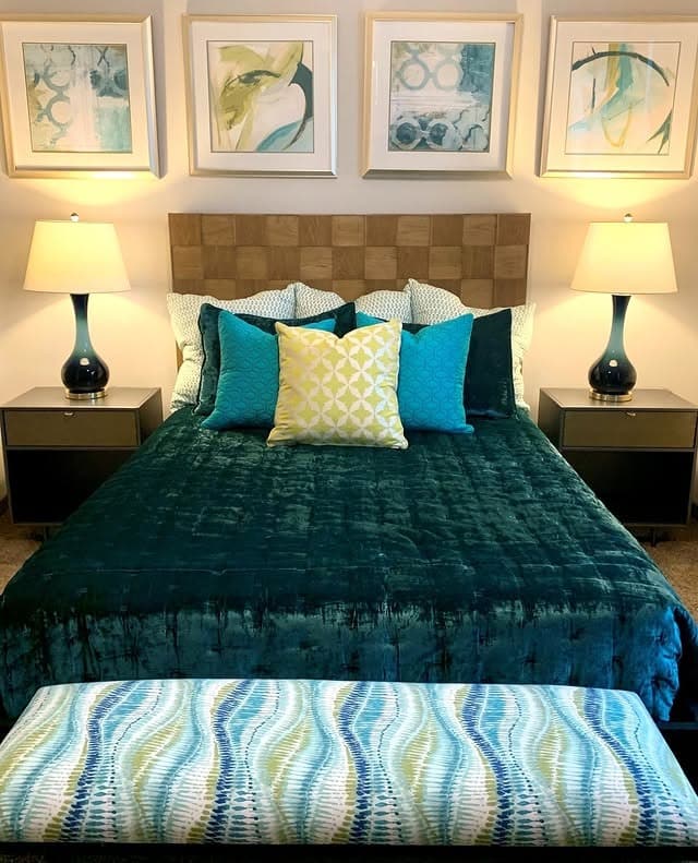 15. Teal and Chartreuse Art-Driven Bedroom - apartment bedroom ideas