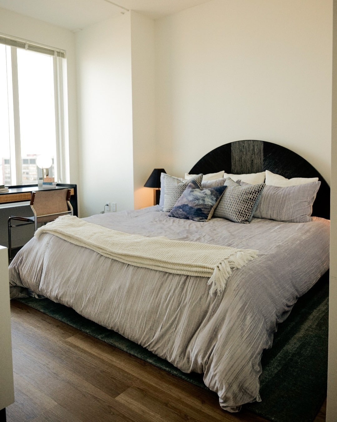 19. Dusty Lavender and Charcoal Contemporary Bedroom - apartment bedroom ideas