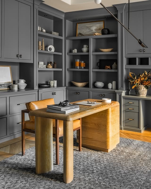 1. Charcoal Built-Ins with Warm Oak Centerpiece - paint colors for office ideas