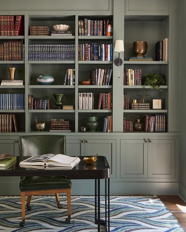 3. Dusty Sage Library with Classic Detailing - paint colors for office ideas
