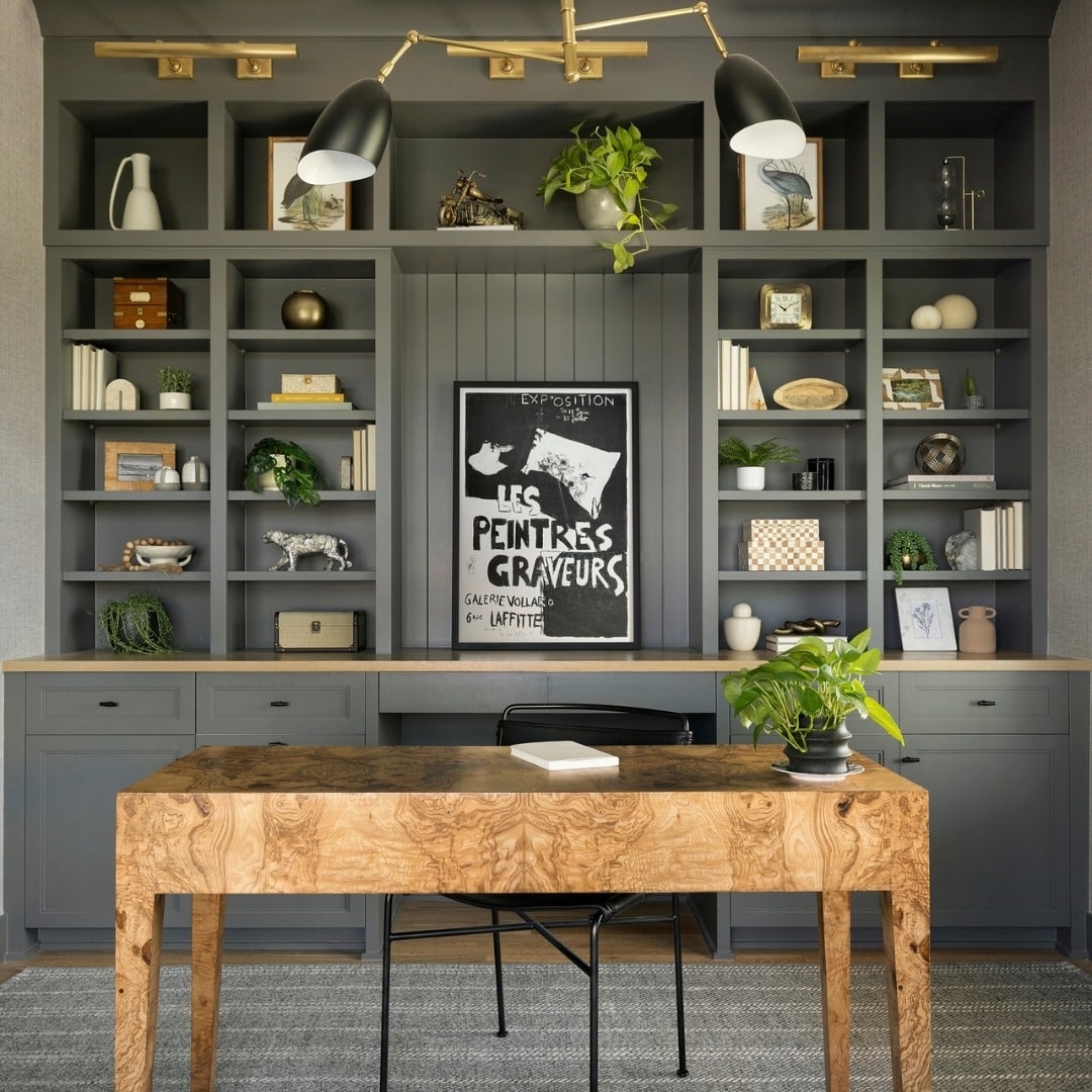 4. Moody Gray Cabinetry with Light Wood Desk - paint colors for office ideas