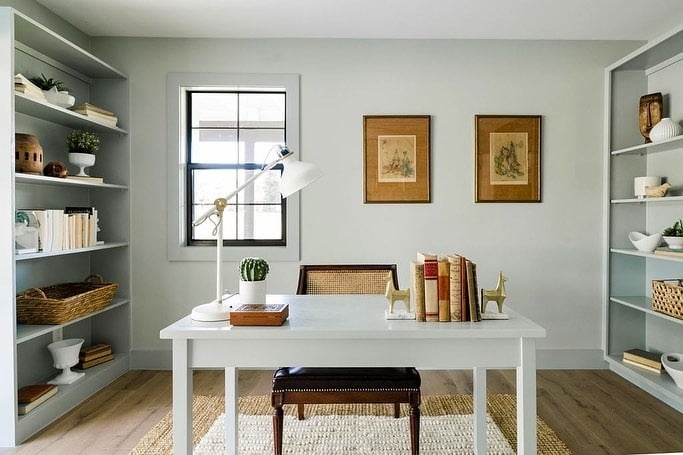 5. Pale Gray Workspace with Airy Shelving - paint colors for office ideas