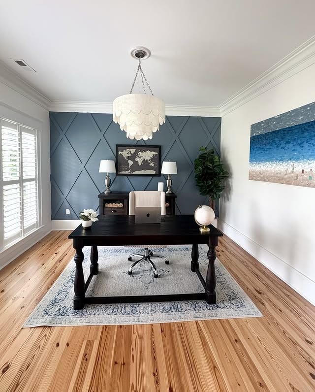 7. Blue Feature Wall with Crisp White Trim - paint colors for office ideas