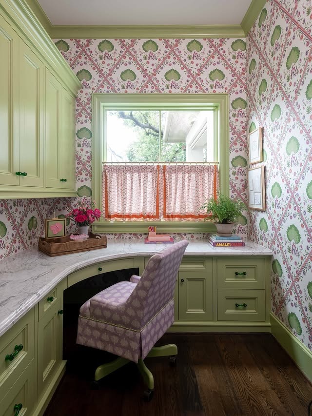 8. Spring Green Cabinetry with Playful Pattern - paint colors for office ideas