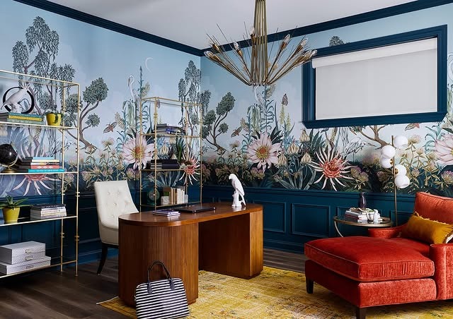 10. Teal Wainscoting with Botanical Mural - paint colors for office ideas